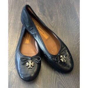 Tory Burch Tory Charm Ballet Flat 7M Perfect Goat Leather Gold Logo $268